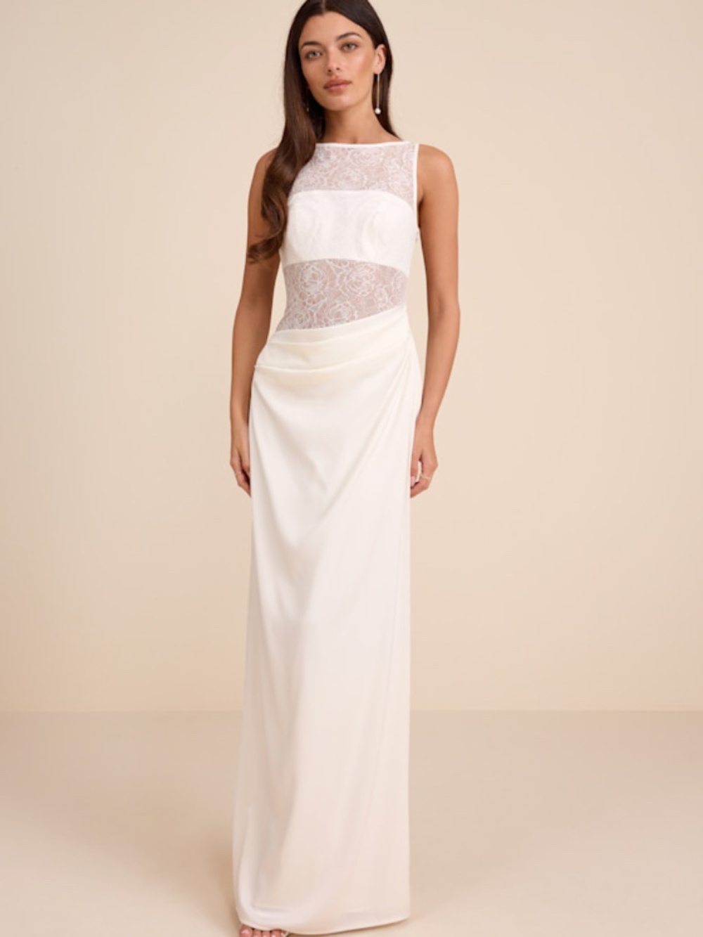 Lulus Akasha White Sheer Lace Mixed-media Maxi Dress - Size S